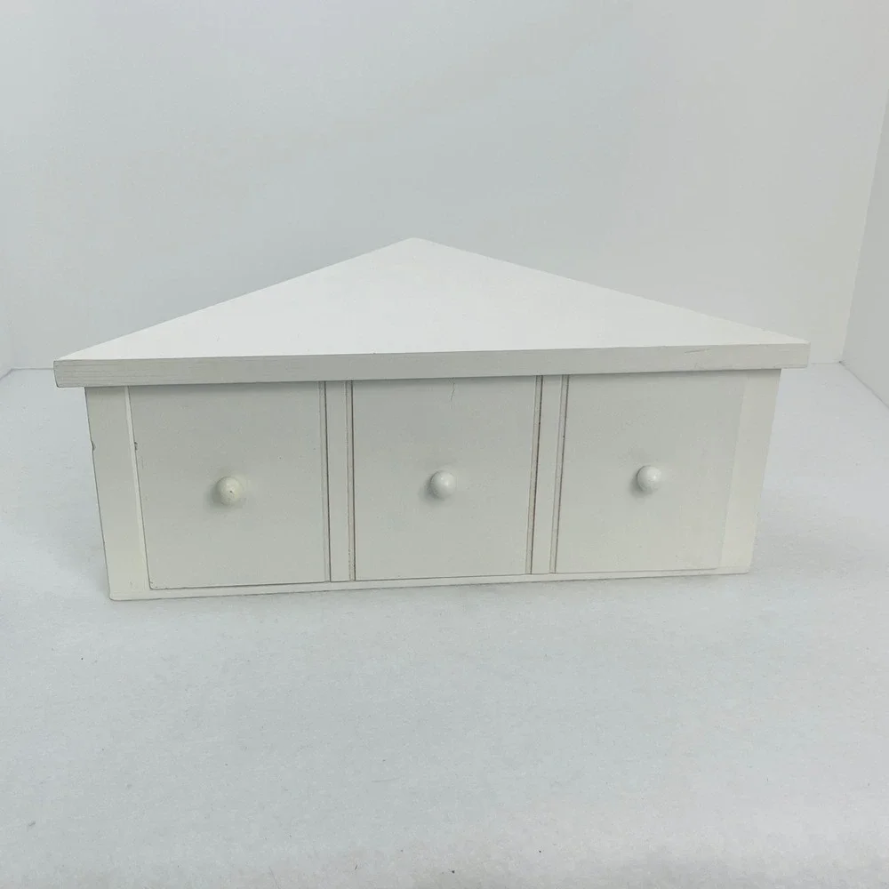 White Wooden Corner Wall Shelf with Storage Drawer and 3 Knobs Floating Shelf